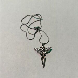 Silver- tone Angel Wing Dagger Pendant Necklace